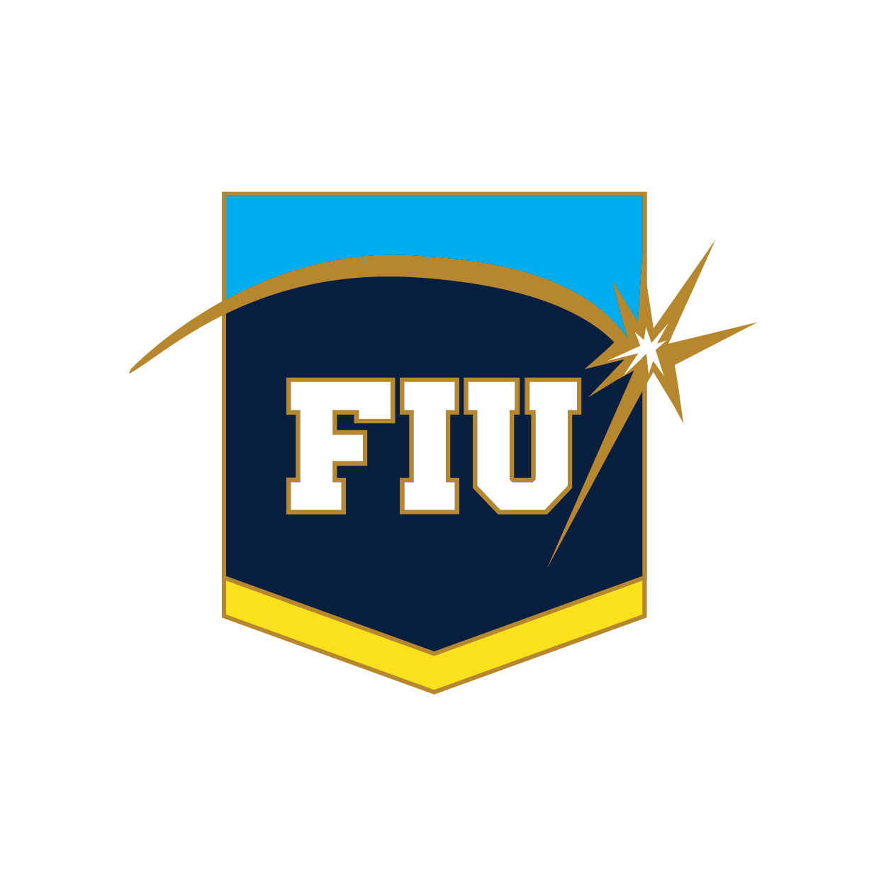 The 2020 pin is a shield shape in navy blue with FIU in the center in white and with a gold spark over it, at the top of the pin part of the shield shape is in sky blue and at the bottom of the shield it is in bright sun yellow