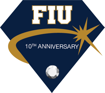 The ignite 2020 pin is a diamond shape in navy blue with FIU in white in the center, under FIU is a gold spark and under that in white it reads 10th anniversary 