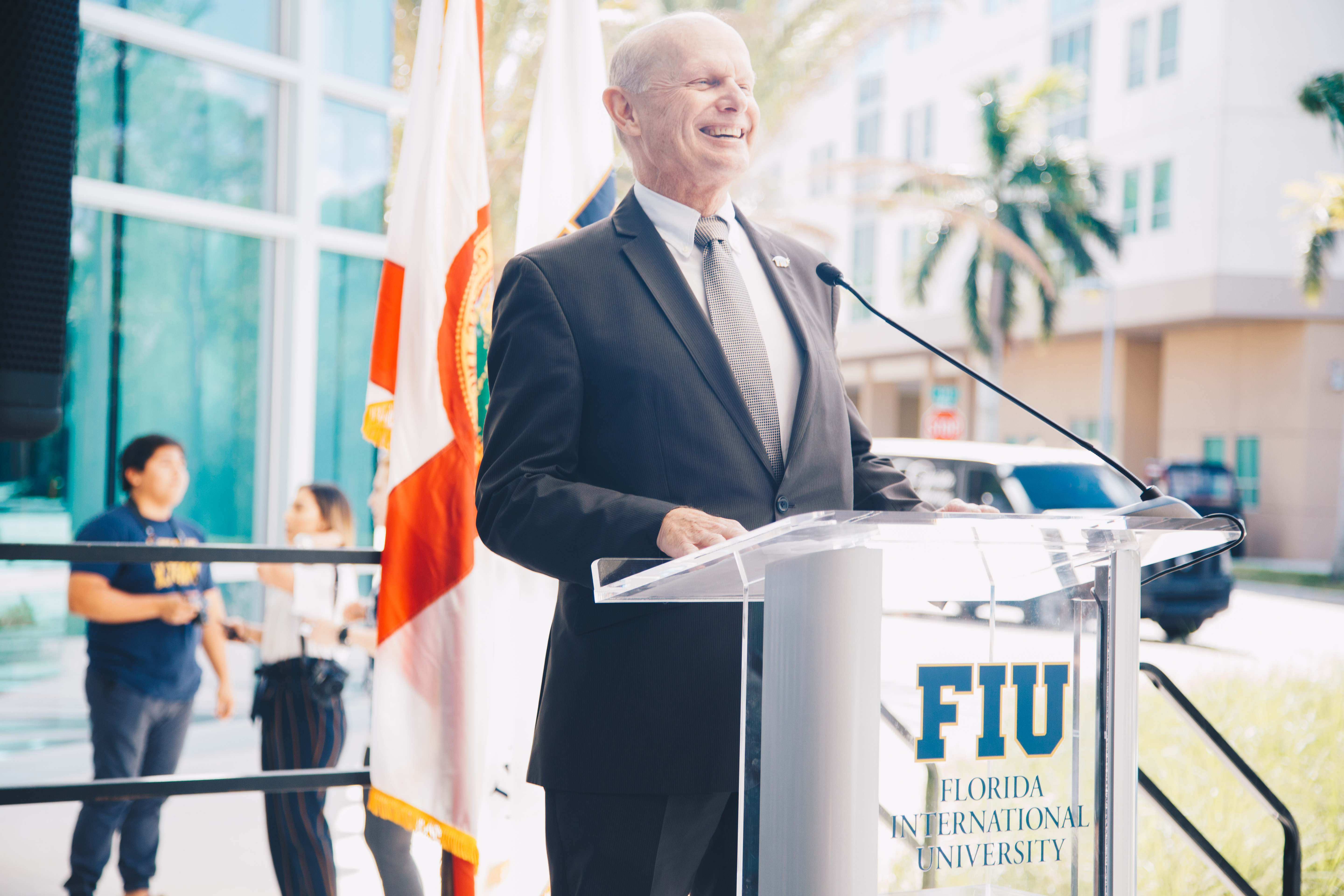 Dr. Lunsford delivering a speech outside of the FIU Wellness and Recreation Center