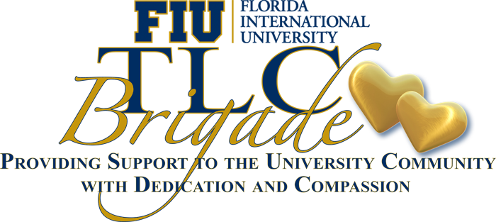TLC Brigade Logo, its golden hearts over the FIU logo with TLC in large gold letters